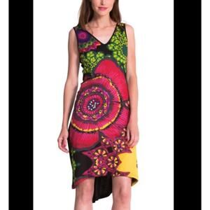Desigual Mixed Print Floral Embroidered V-Neck Sleeveless Hi Low Dress size XL